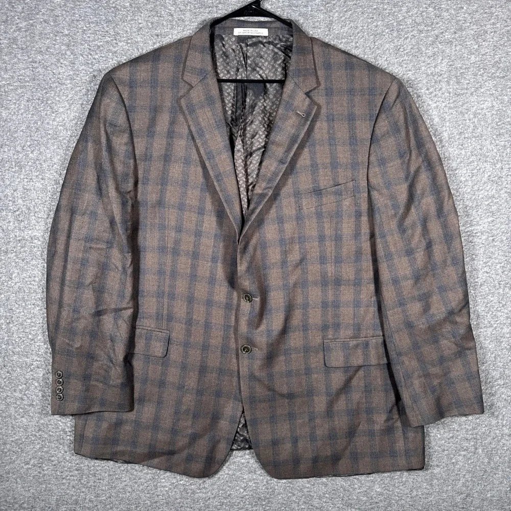 Joseph Abboud Sport Coat Blazer Mens 52R Brown Windowpane E.Thomas 100% Wool USA
